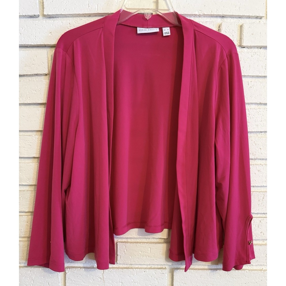 Susan Graver Liquid Knit Open-Front 3/4 Sleeve Shrug Size XL Pink w/Button Slv